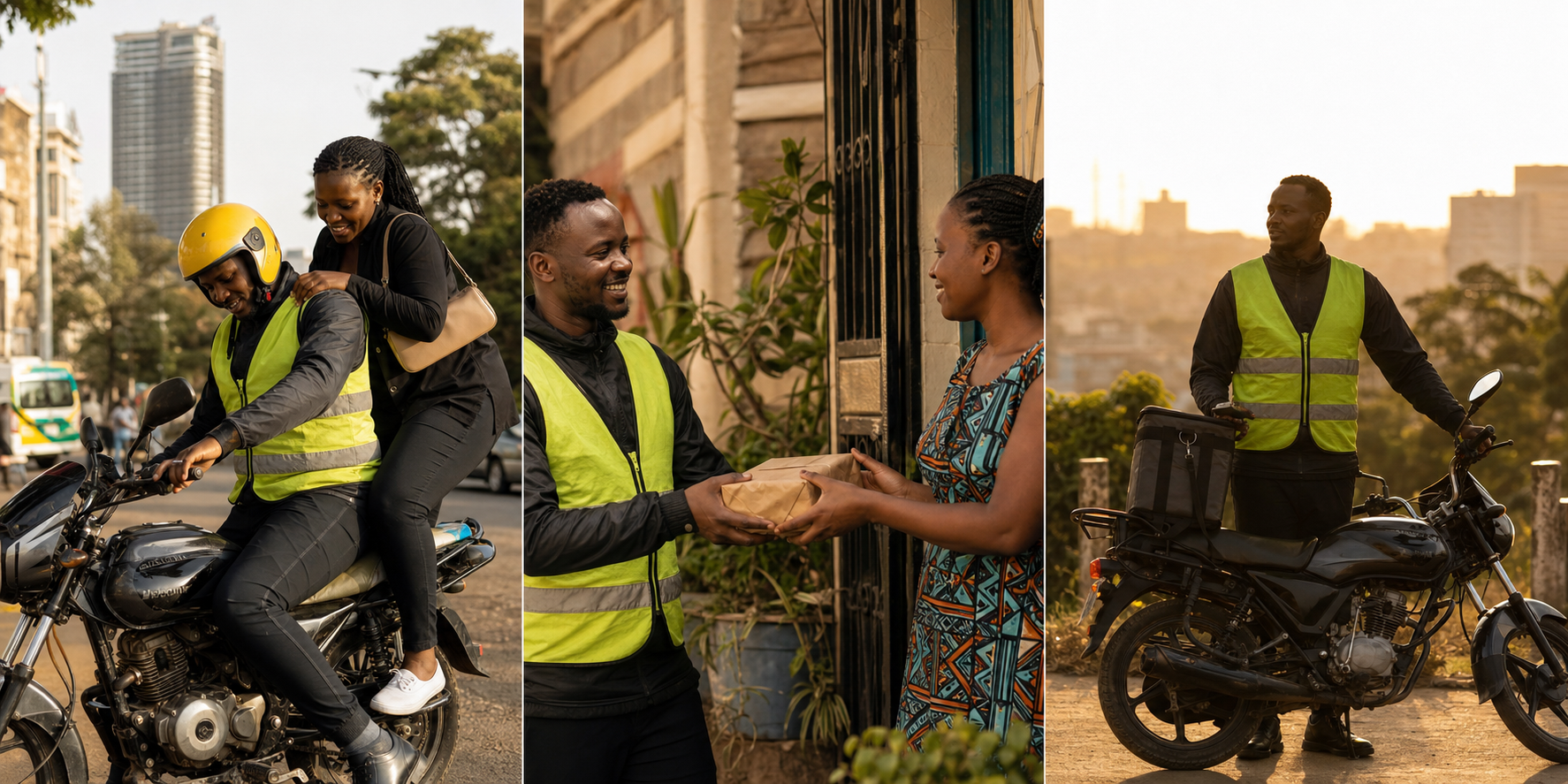 Motorbike rider in Nairobi helping a customer with a ride